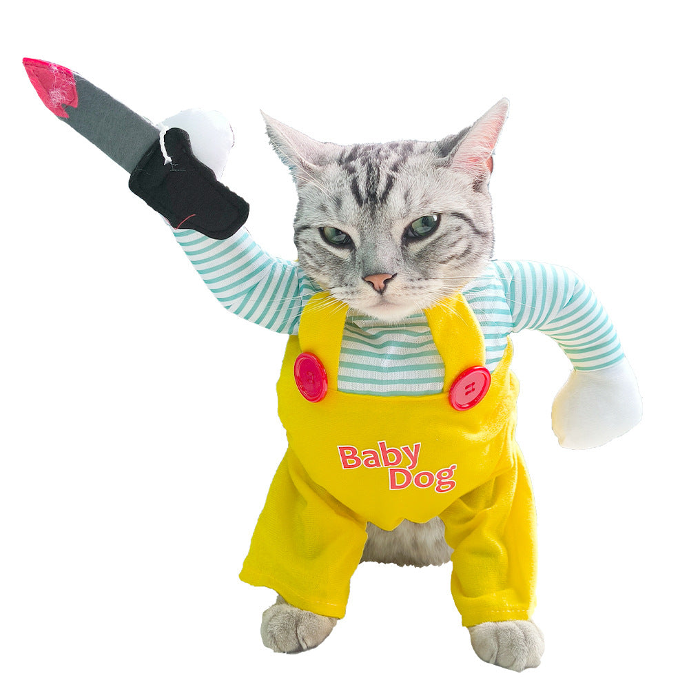 Cat wearing yellow ninja sword costume - fun and safe pet fashion