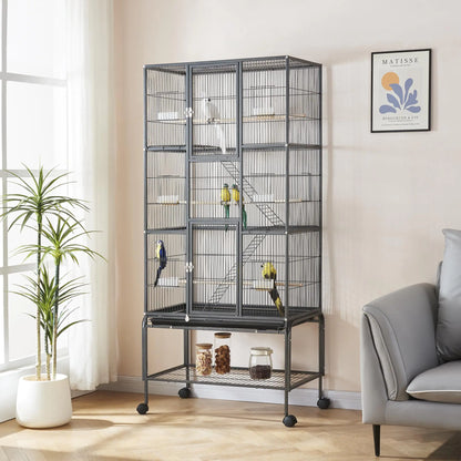 Panana 69" Large Metal Bird Cage with Wheels (Black)