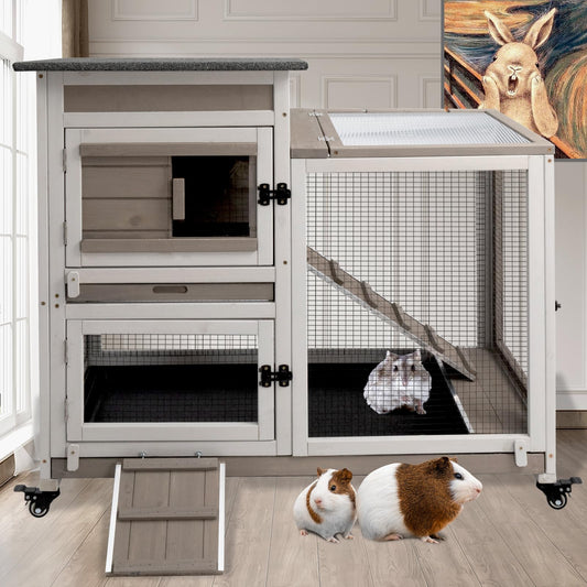 PetsCosset 40" L Large Guinea Pig Cages Wooden 2 Story Rabbit Hutch Indoor Hamster Cages Habitat on 4 Metal Wheels and 2 Deeper Pull-Out Trays Ramp Bunny Cage Indoor Small Animal Cage Grey