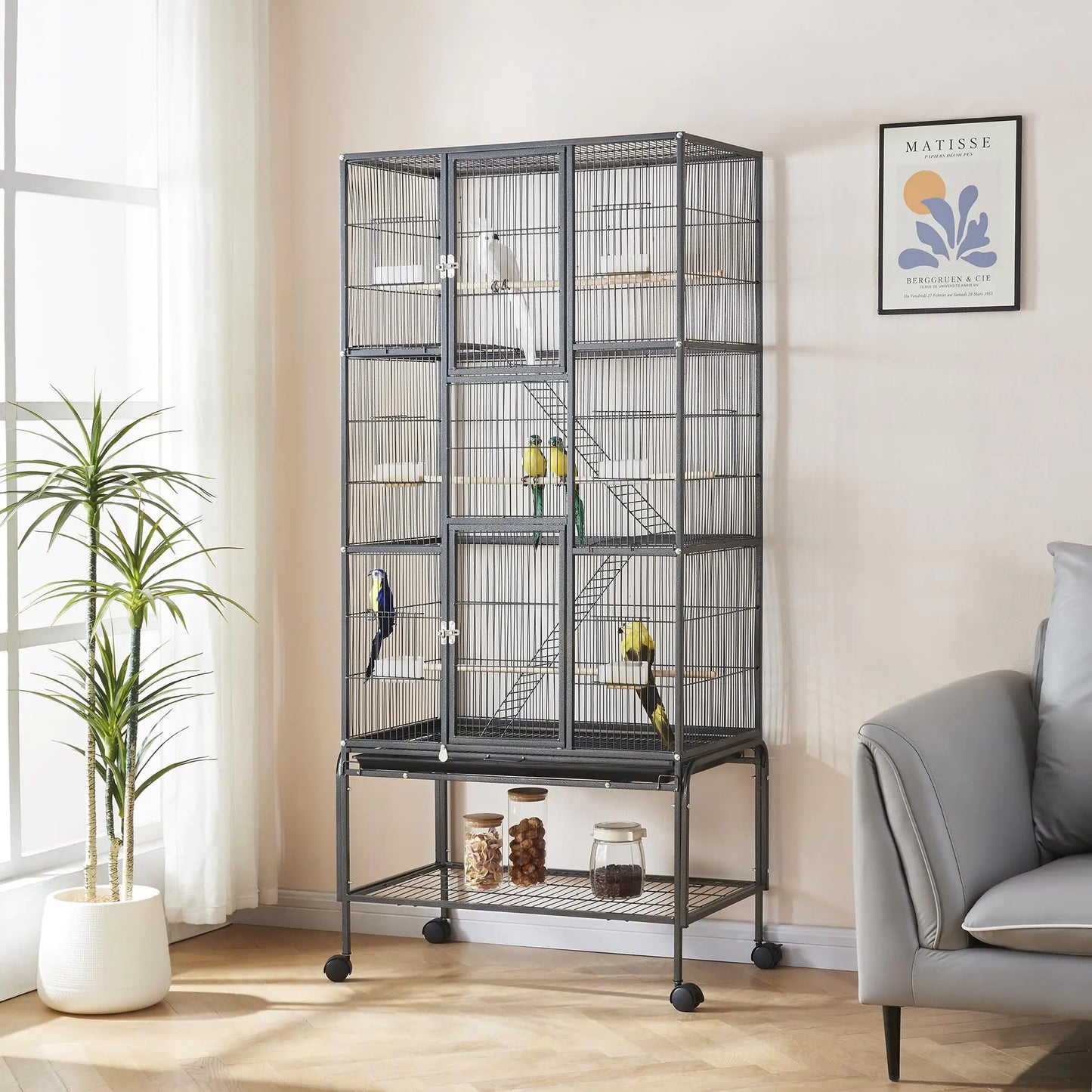 Panana 69" Large Metal Bird Cage with Wheels (Black)